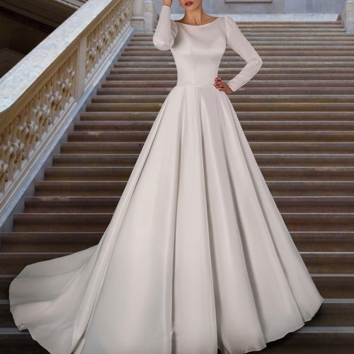 Long Sleeves Wedding Dress Elegant Style White Satin Wedding - Etsy