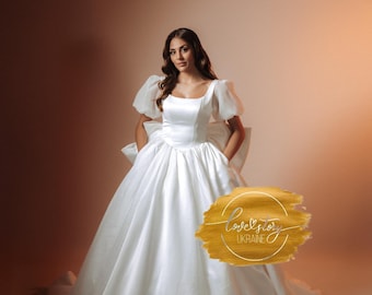 Bischof Ärmel Brautkleid A-Linie Brautkleid Kurzarm Brautkleid Kathedrale Brautkleid Korsett Brautkleid Abnehmbarer Bogen Brautkleid