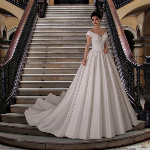 Elegant Satin Wedding Dress With Long Train A-line Wedding - Etsy