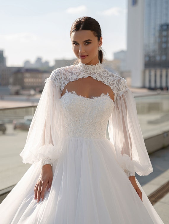 Abito da sposa con mantello maniche a sbuffo abito da sposa | Etsy Italia