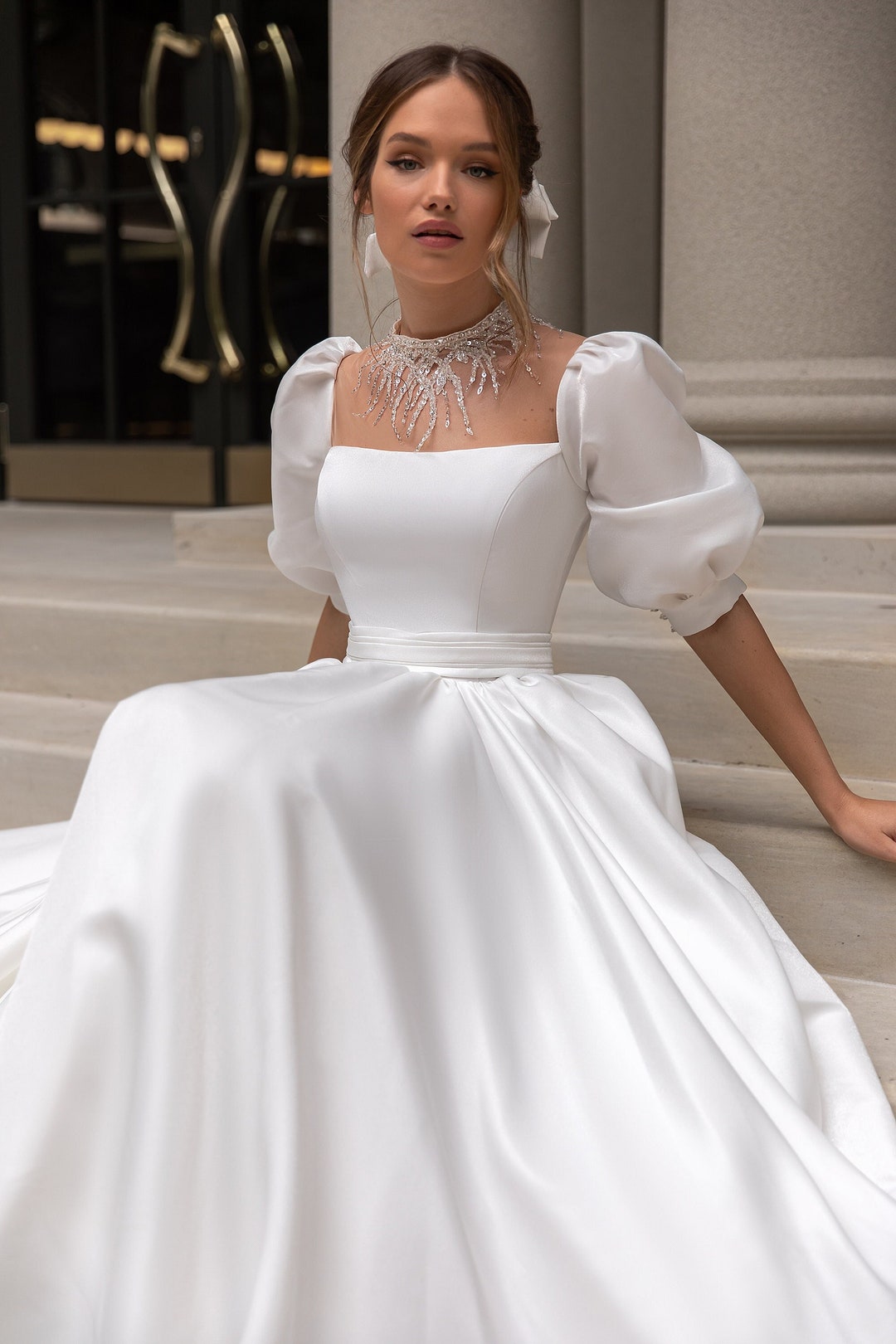 Long Wedding Dress,satin Wedding Dress,a-line Bridal Gown,custom Made ...