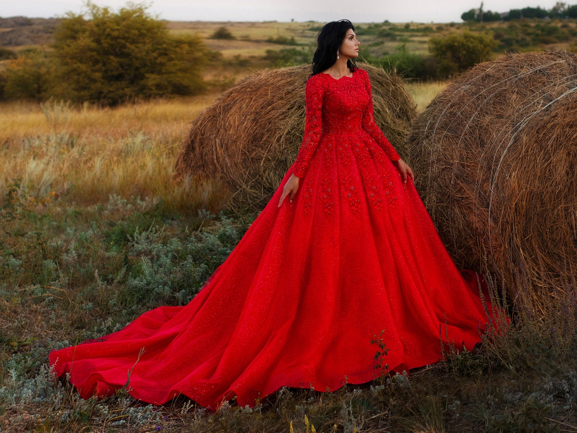 Red Bridal GownEmboidered Lace Wedding DressBall Gown Lace image 3