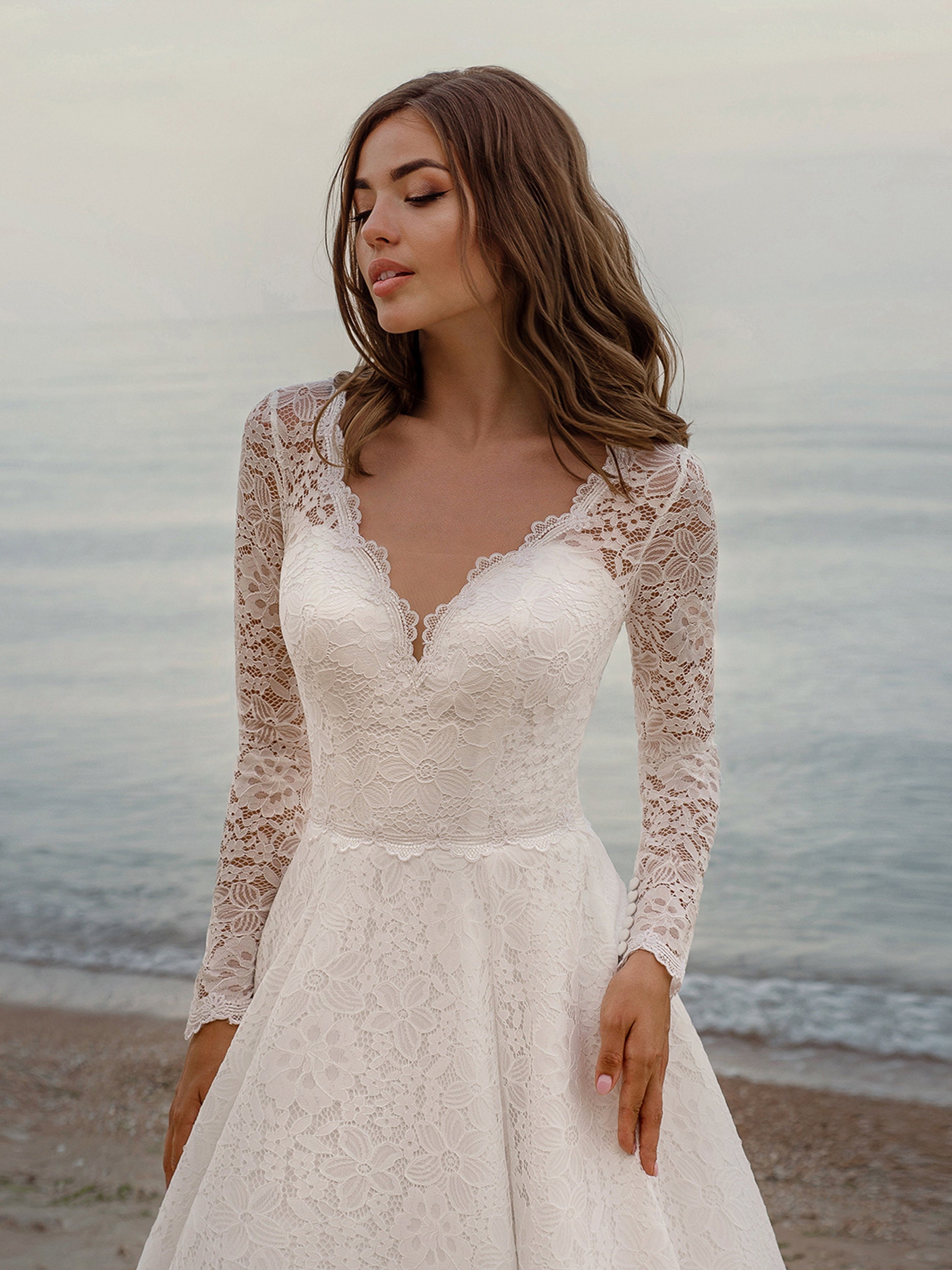 Long Sleeves Beach Wedding Dress Lace Wedding Dress With Long | Etsy