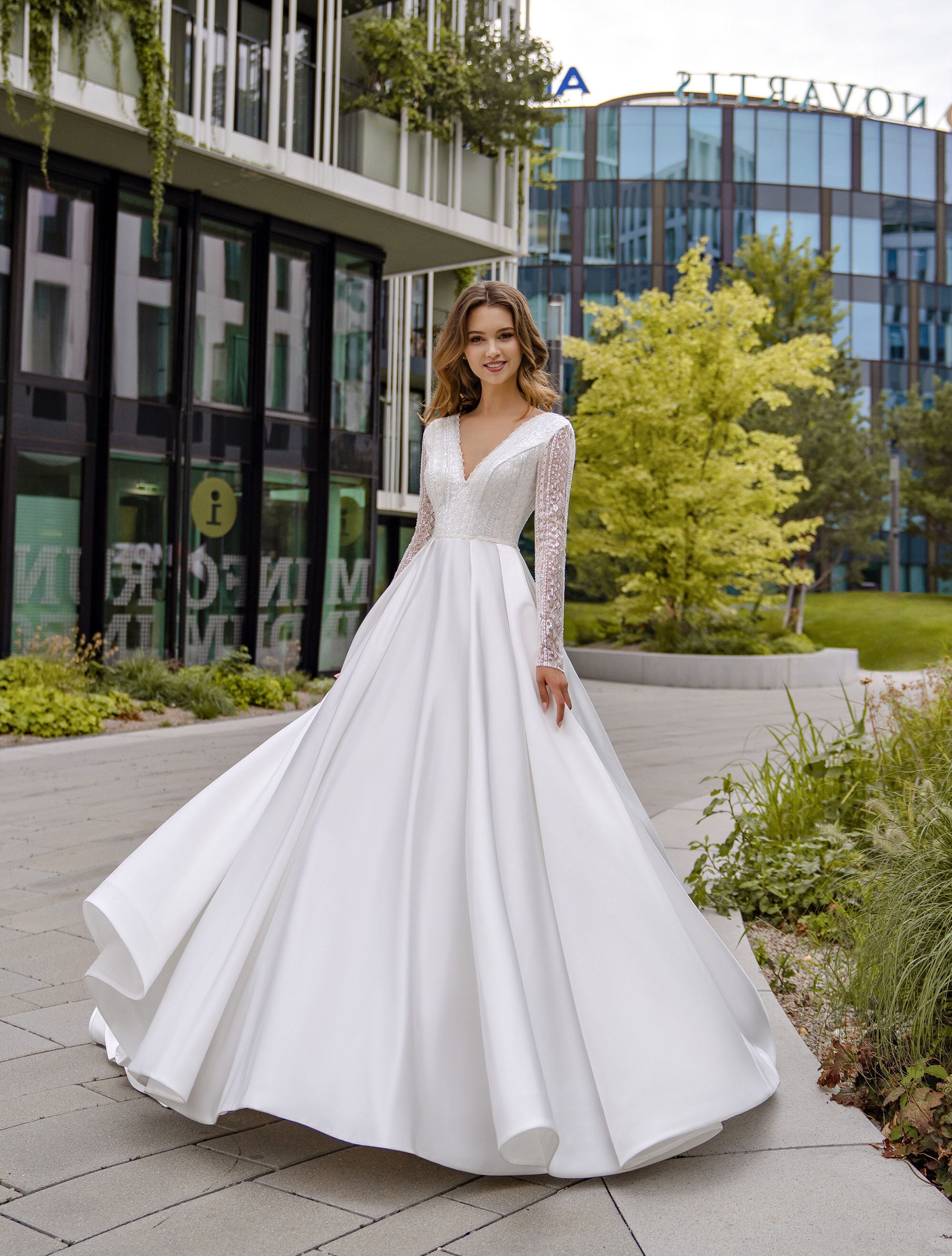 Elegant Wedding Dress,a-line Wedding Dress, Satin Long Sleeves Wedding  Dress,minimalist Bridal Dress,open Back Bridal Gown,satin Bridal Gown -   Canada