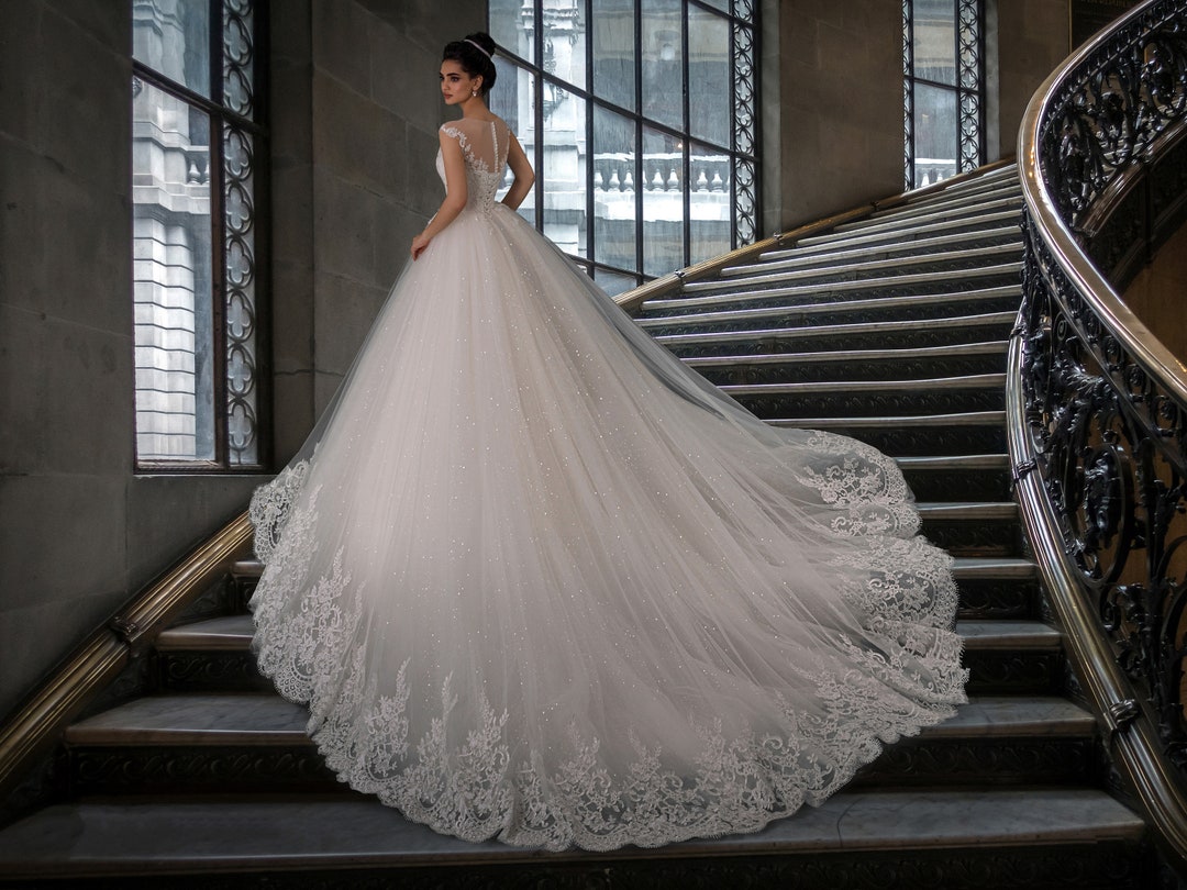 Luxury Wedding Dress With Long Train, A-line Wedding Dress With
