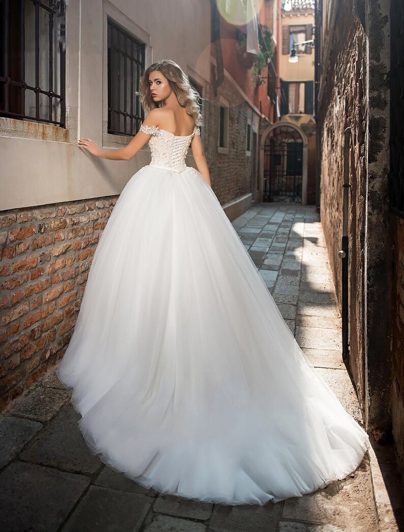 Ball Gown Wedding Dress With Long Train Bubble Wedding Dress Etsy
