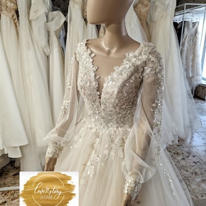 Long Sleeve Wedding Dress,Ball Gown Wedding Dress,Princess Wedding Dress,Cappucino Bridal Gown,Cathedral Bridal Dress,Lace Wedding Dress