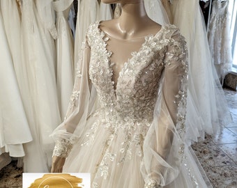 Long Sleeve Wedding Dress,Ball Gown Wedding Dress,Princess Wedding Dress,Cappucino Bridal Gown,Cathedral Bridal Dress,Lace Wedding Dress