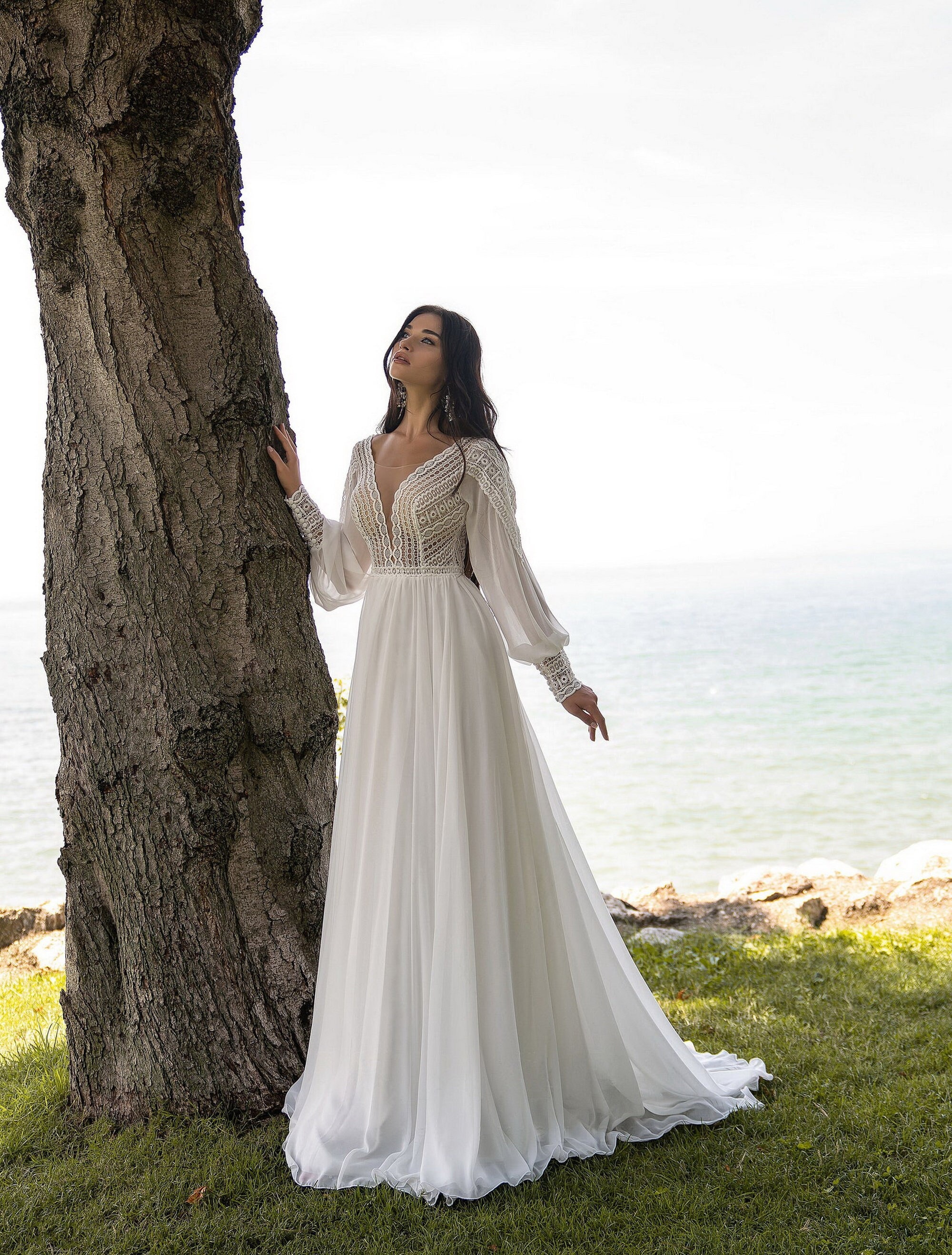 Beach Wedding Dress,a-line Bridal Gown With Long Train, Chiffon Wedding Gown,  Floral Lace Dress, Boho Wedding Dress, Big Bust Dress -  Canada