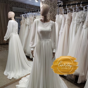 Strand-Brautkleid mit weicher Spitze, Romantisches Brautkleid mit Langen Ärmeln, Schlichtes Rustikales Brautkleid, Chiffon Minimalistisches Brautkleid