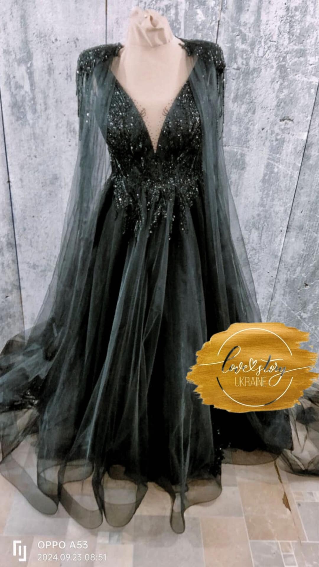 black wedding dress with cape Black and Burgundy Wedding Dress with Beaded Bodice, Cape & Cathedral Train  – BK115 – Viniodress main image 1