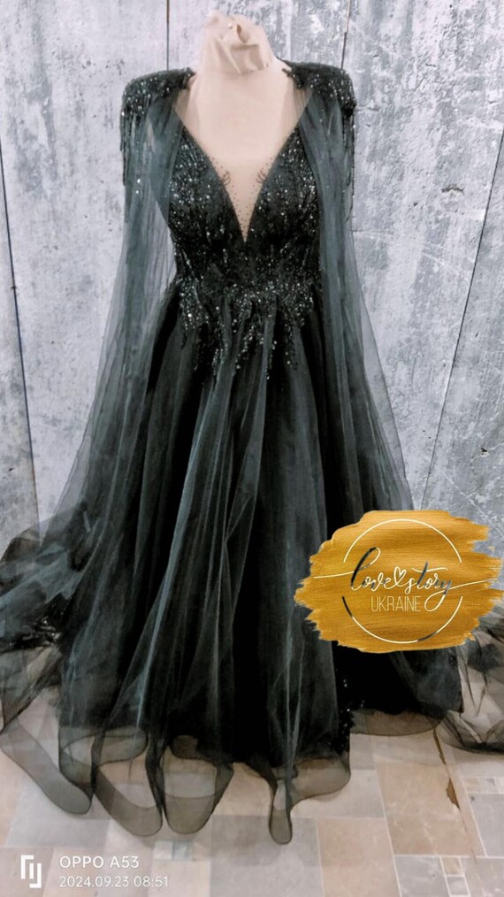 black wedding dress with cape Black Sparkly Wedding Dress Ball Gown With Cape Veil