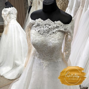 Long Sleeve Bride Dress,A-Line Wedding Dress,Off-the-Shoulder Wedding Dress,Modest Wedding Dress,Cathedral Bridal Gown,Lace Wedding Dress
