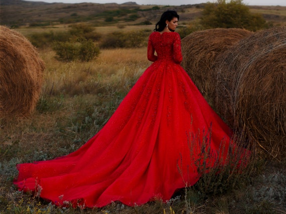 Buy Red Wedding Dress Long Sleeves Sweet 16 Dress Prom Dress Evening Dress  Formal Dress Ball Party Gown Online in India - Etsy