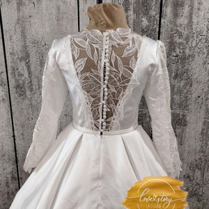 Satin Wedding Dress,Long Train Bridal Gown,A-Line Wedding Dress With Sleeves,Simple Bridal Gown,Ivory Wedding Dress,Custom Made Bridal Dress