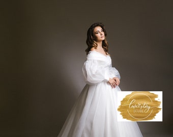 Bishop Sleeve Bridal Dress,ALine Wedding Dress,Removable Long Sleeves Wedding Dress,Princess Wedding Dress,Cathedral Bridal Gown,Bridal Gowm