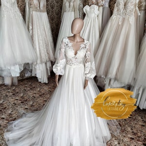 Summer Bridal Dress, Open Back Wedding Dress, Boho Wedding Dress, Rustic Wedding Dress, A-Line Wedding Dress, Long Sleeve Wedding Dress