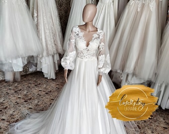 Summer Bridal Dress, Open Back Wedding Dress, Boho Wedding Dress, Rustic Wedding Dress, A-Line Wedding Dress, Long Sleeve Wedding Dress