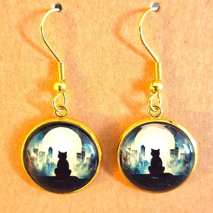 Black Cat and Moon City Scene Gold-plated Hypoallergenic Halloween Earrings, Gift for Cat Lovers, Gift for Teens, Birthday Gift
