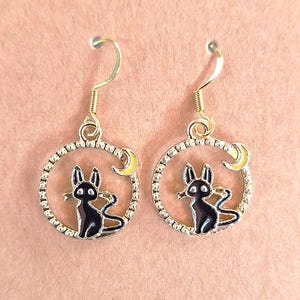 Black Cat Crescent Moon Earrings: Gold-Plated Spooky Goth Halloween Jewelry