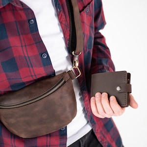 Tasche + Geldbörse Set | Leder-Umhängetaschen | Gürteltasche aus Leder | Kleine Herrentasche | Braune Herrentasche | Kleines Portemonnaie | Schwarze Ledertasche