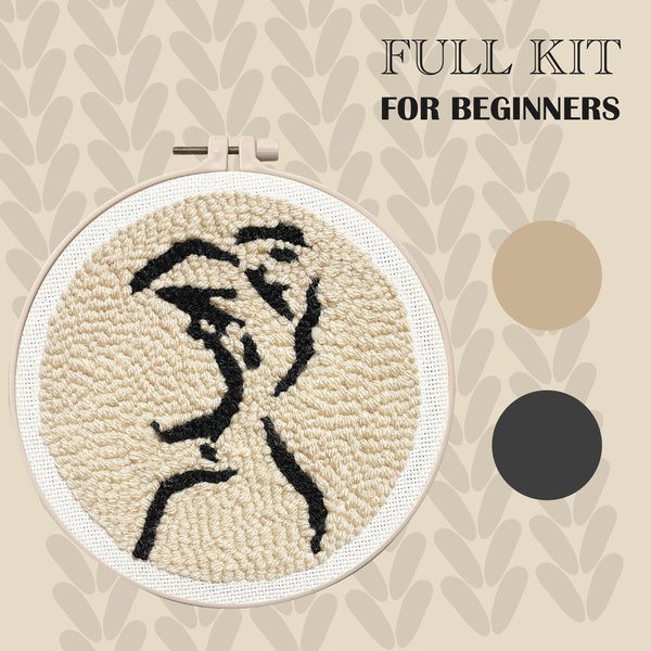 All included DIY no face Punch Needle Kit for Beginners , line art Embroidery, Threader, Fabric, Hoop, Rug yarn, craft gift, home decoration