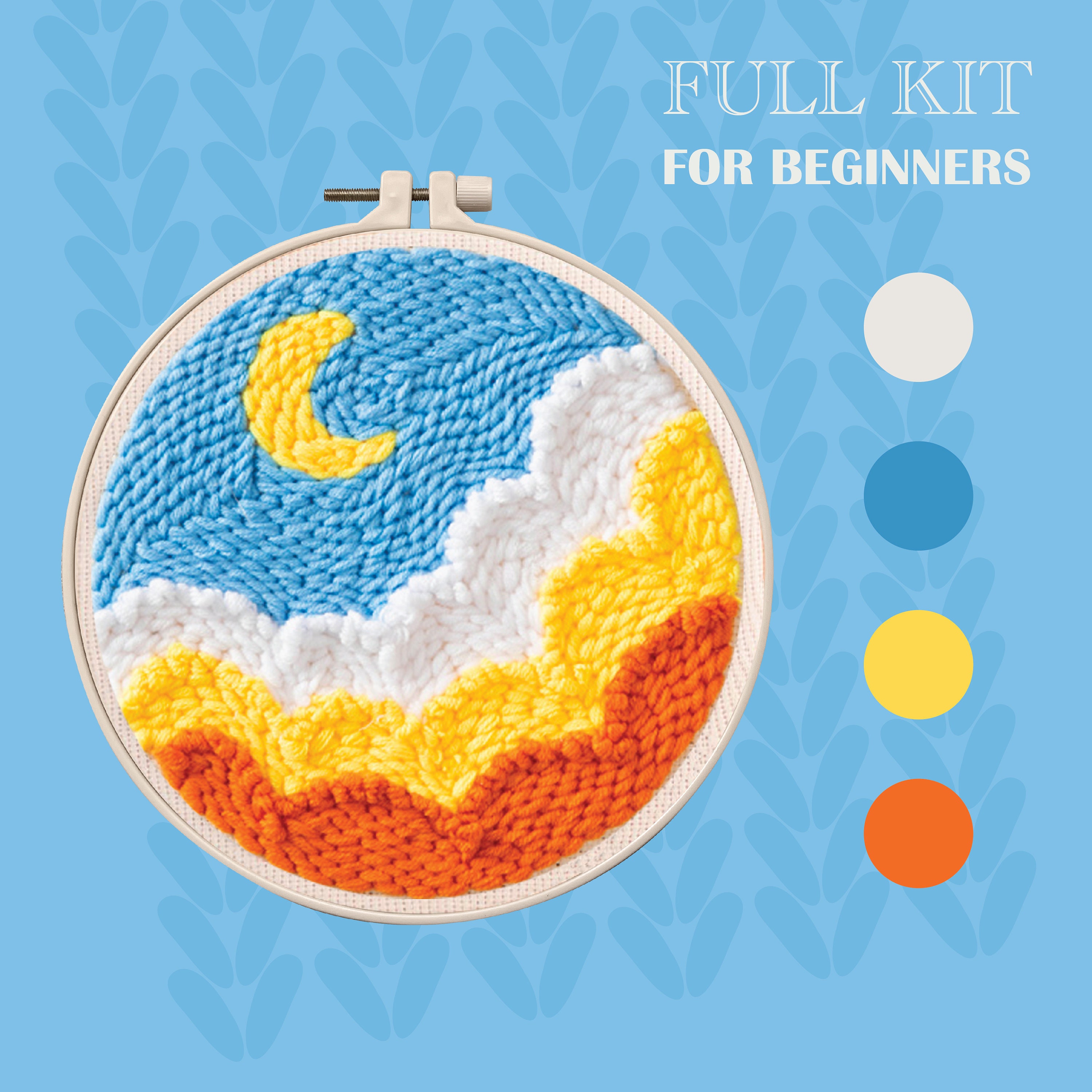All Included DIY Punch Needle Kit for Beginners , Moon, Cloud, Colorful ,  DIY Embroidery, Thread, Fabric, Hoop, Rug Yarn. 