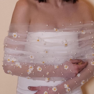 Off white bridal shawl | scarf |Daisy and pearls embroidery | tulle bridal wrap |off the shoulder bridal wrap |tulle wedding shawl