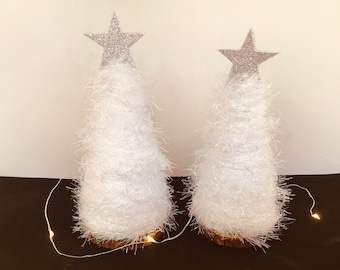 White sparkle Christmas tree, silver star topper, Christmas decoration,  Christmas ornament, eyelash fluffy tree, fluffy decoration