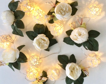 White peony silk flowers with foliage lights garland, wicker shades, flower fairy lights,  peony garland, light decoration