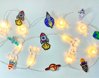 Space theme lights garland, boy room lights, space lights decor, gift for grandson, outer space decor