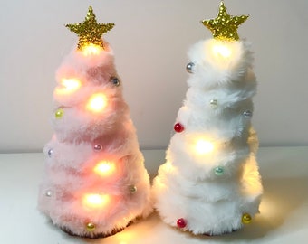 Fluffy Christmas tree with lights, pink Christmas tree, mini Christmas tree, Christmas decoration