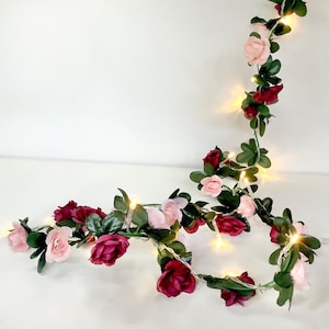 Burgundy purple and pink flower light garland, flower lights, garland decoration, long length hanging garland, boho flower garland