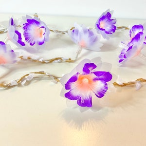 May include: A string of fairy lights with purple and white flower-shaped bulbs. The lights are strung on a brown twine cord.