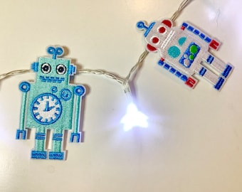Embroidered Robot String Lights, Boys Room Decor, Space Age Decor