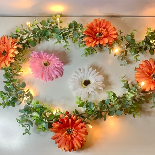 Eucalyptus garland, large gerbera flower heads with lights, flower table runner, wedding garland, flower garland