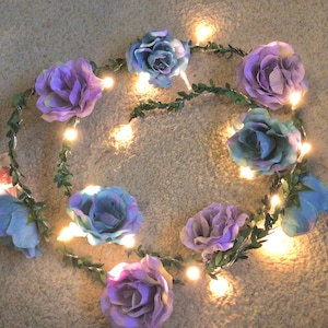 Flower light garland, blue and purple artificial flowers, flower mantle lights, rose flower decor, flower fairy lights, rose light garland