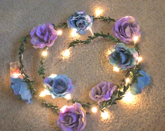 Flower light garland, blue and purple artificial flowers, flower mantle lights, rose flower decor, flower fairy lights, rose light garland