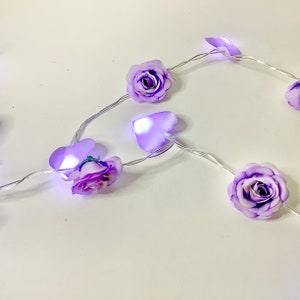 Purple flowers and silk hearts lights garland, bedroom lights, purple fairy lights, purple flower lights, teen girl room, dorm room lights