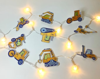 Yellow construction theme string lights,building vehicles, boys room decor, gift for boy, gift grandson