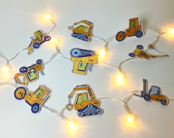 Yellow construction theme lights garland, building vehicles, boys room decor, gift for boy, gift grandson