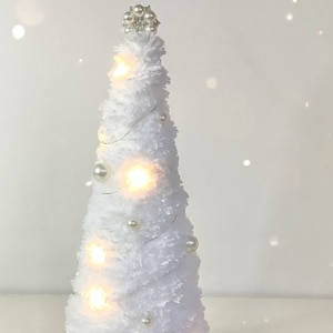 White faux fur Christmas tree with lights and pearl decoration, white pre lit tree, home Xmas decor, white Christmas