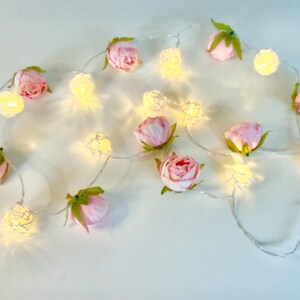May include: A string of fairy lights with pink flower accents. The lights are white and the flowers are made of fabric.