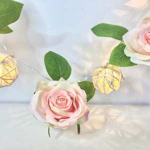 Pink rose flower light garland with wicker shades, flower lights, wedding lights, mantle decor, flower decoration, sweet 16 lights