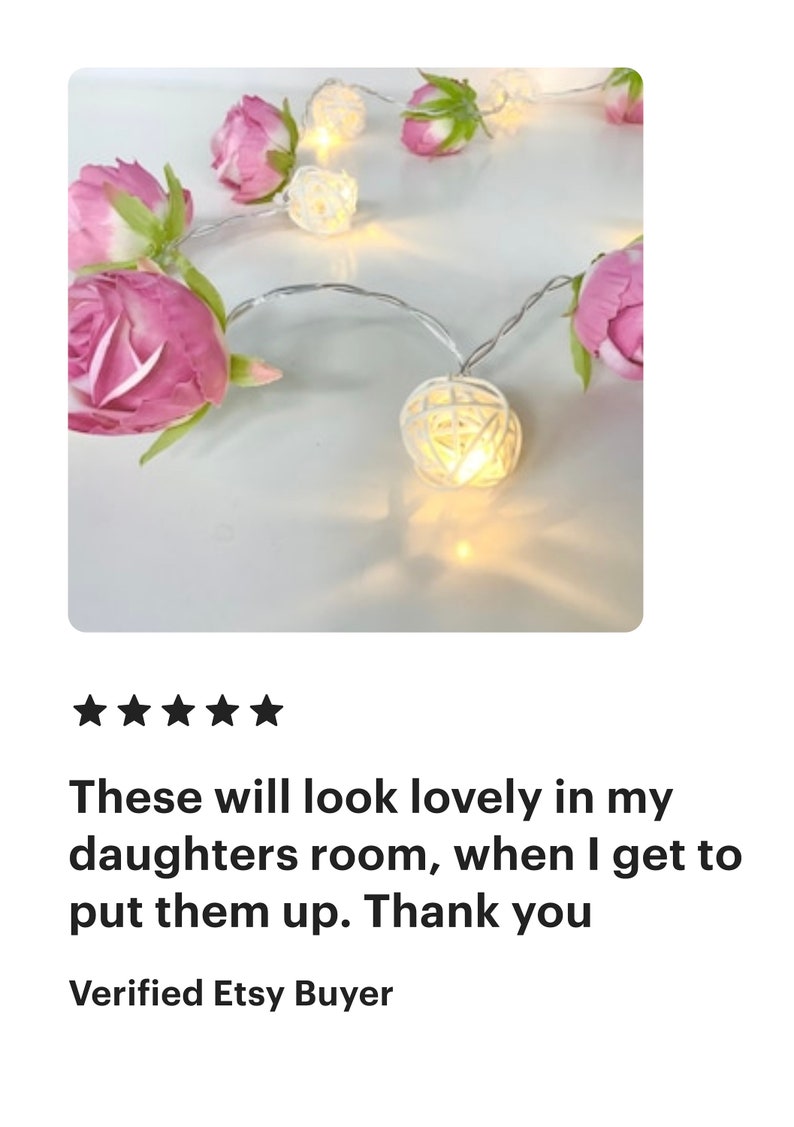 May include: A string of fairy lights with white paper lanterns and pink fabric flowers. The lights are strung on a clear wire and are lit up.