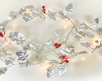 Silver leaf garland with berries decor, silver Christmas, silver ivy garland with lights, Christmas silver mantle decoration