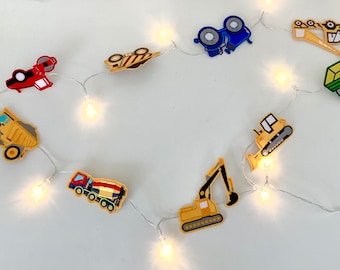 Construction theme lights garland, decor boys room, truck theme decor, night light boy, gift for grandson