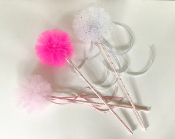 Tulle pompom wand, fairy ribbon wand, pom fairy wand, princess tulle wand, birthday wand, costume wand, bridesmaid wand