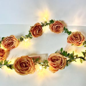 May include: A decorative garland featuring peach-toned artificial roses and green foliage, interspersed with warm white LED lights. The battery-powered lights provide a soft glow. Suitable for home decor or event decoration.