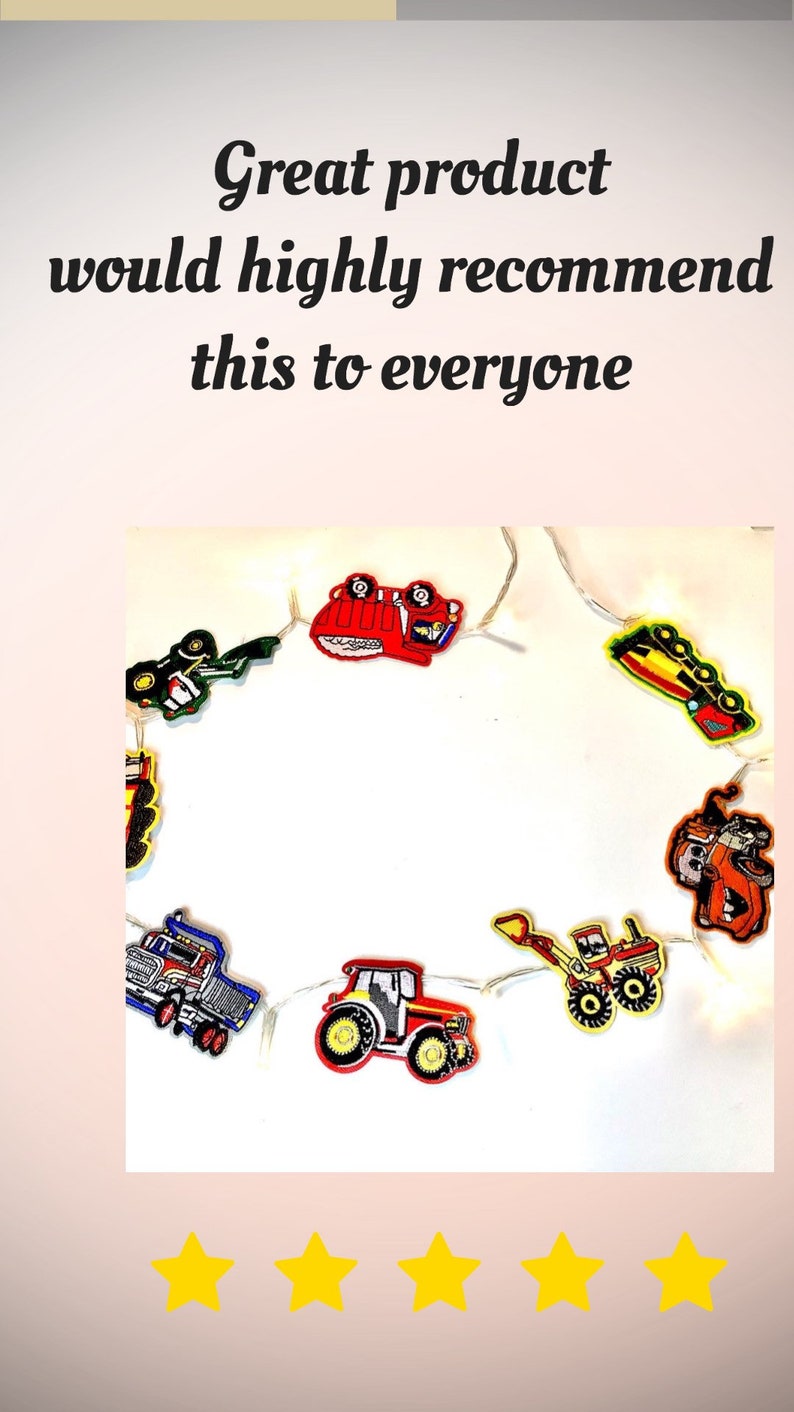 May include: A string of fairy lights with construction vehicle designs. The lights are strung together with clear wire and feature a red fire engine, a yellow bulldozer, a green tractor, a blue dumper truck, and a yellow digger. The lights are on a white background and have a five-star rating.